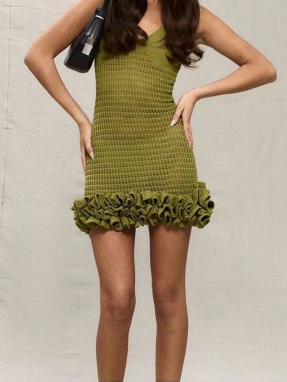 SHEIN Olive Green Crochet Ruffle-Hem Mini Dress